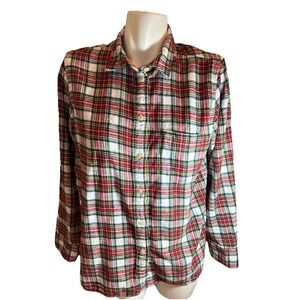 J Crew Shirt Women Sz 10 Red Plaid FLEX WASHED RE IMAGINED CLASSIC Button Down